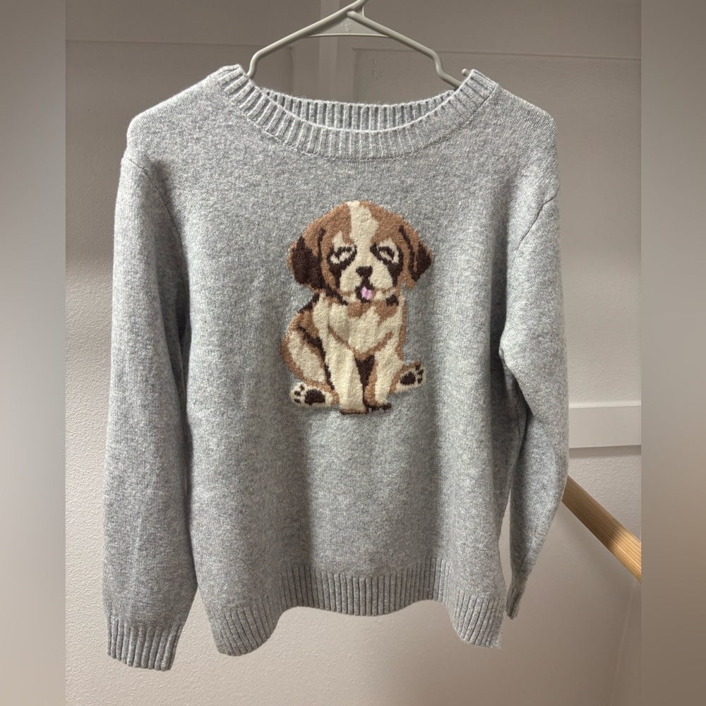 NWT Super soft Pink Rose Gray Knit Sweater w/cute puppy graphic- S
